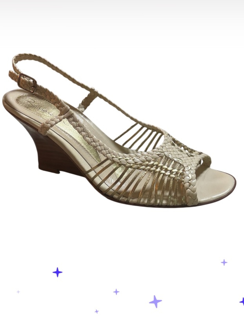 Romanelli Woven Leather Slingback Wedge Sandal in Beige and Gold Womens Size 7.5